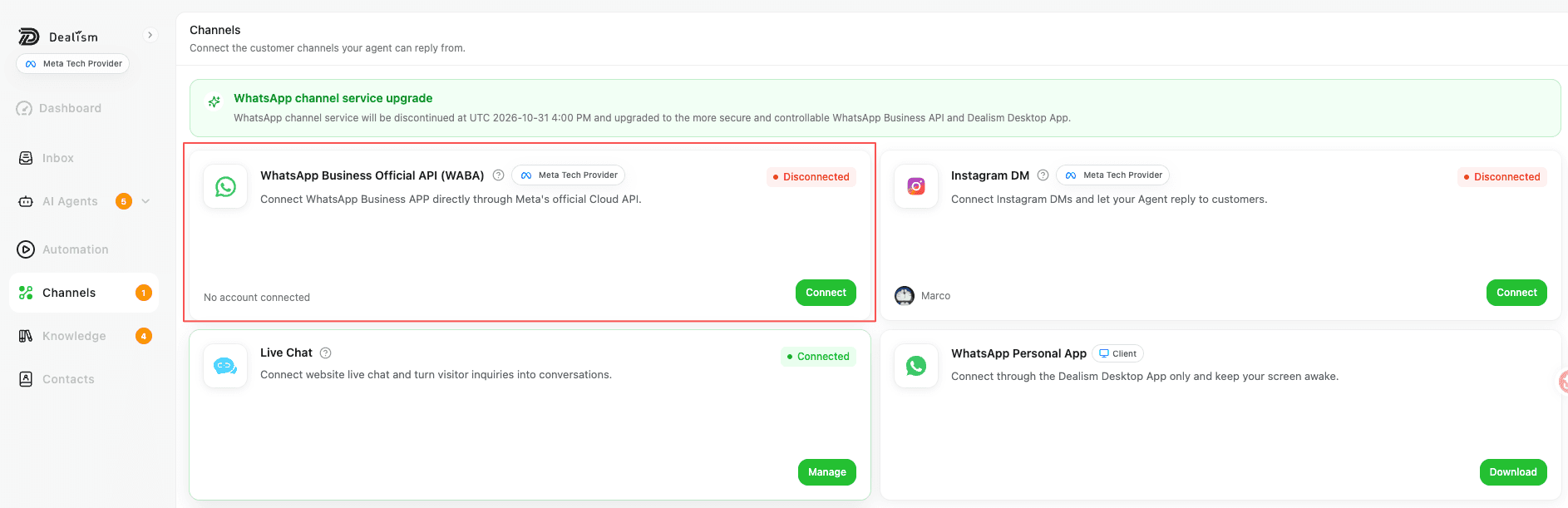 Dealism Channels page showing the WhatsApp Business Official API connection card.