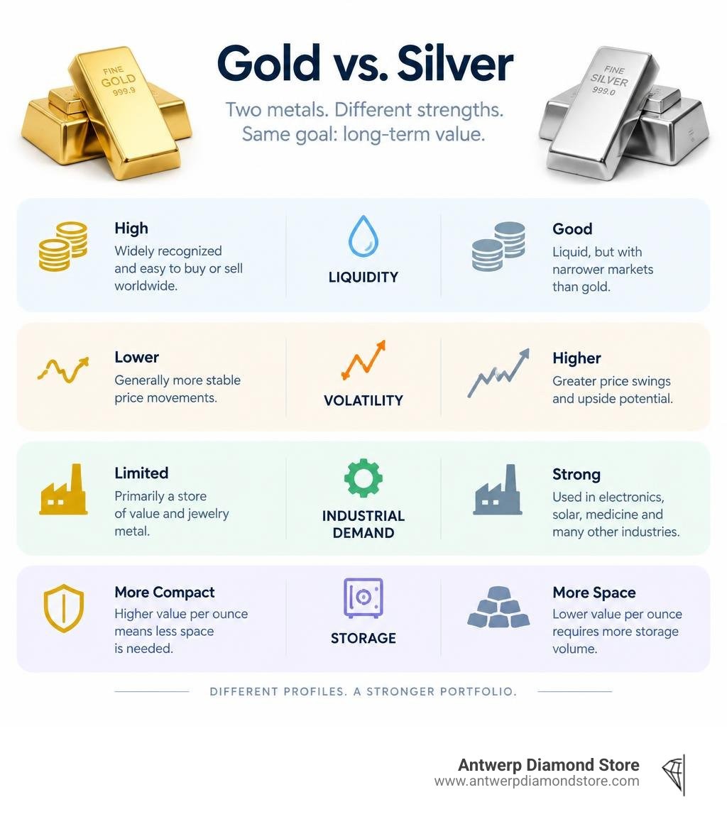 Gold and silver investment comparison: liquidity, volatility, industrial demand, and storage infographic