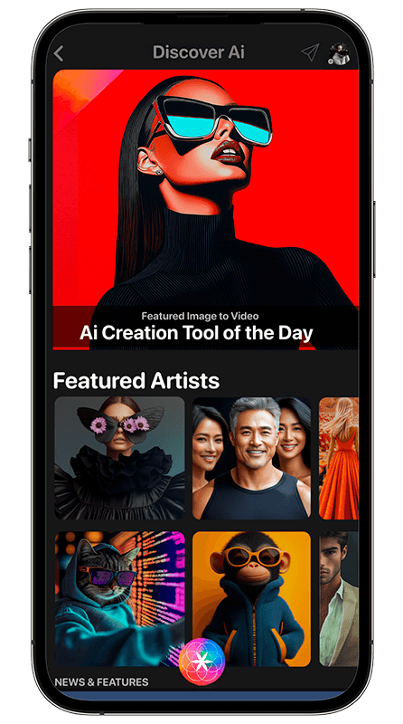Discover AI screen featuring creative tools and artists