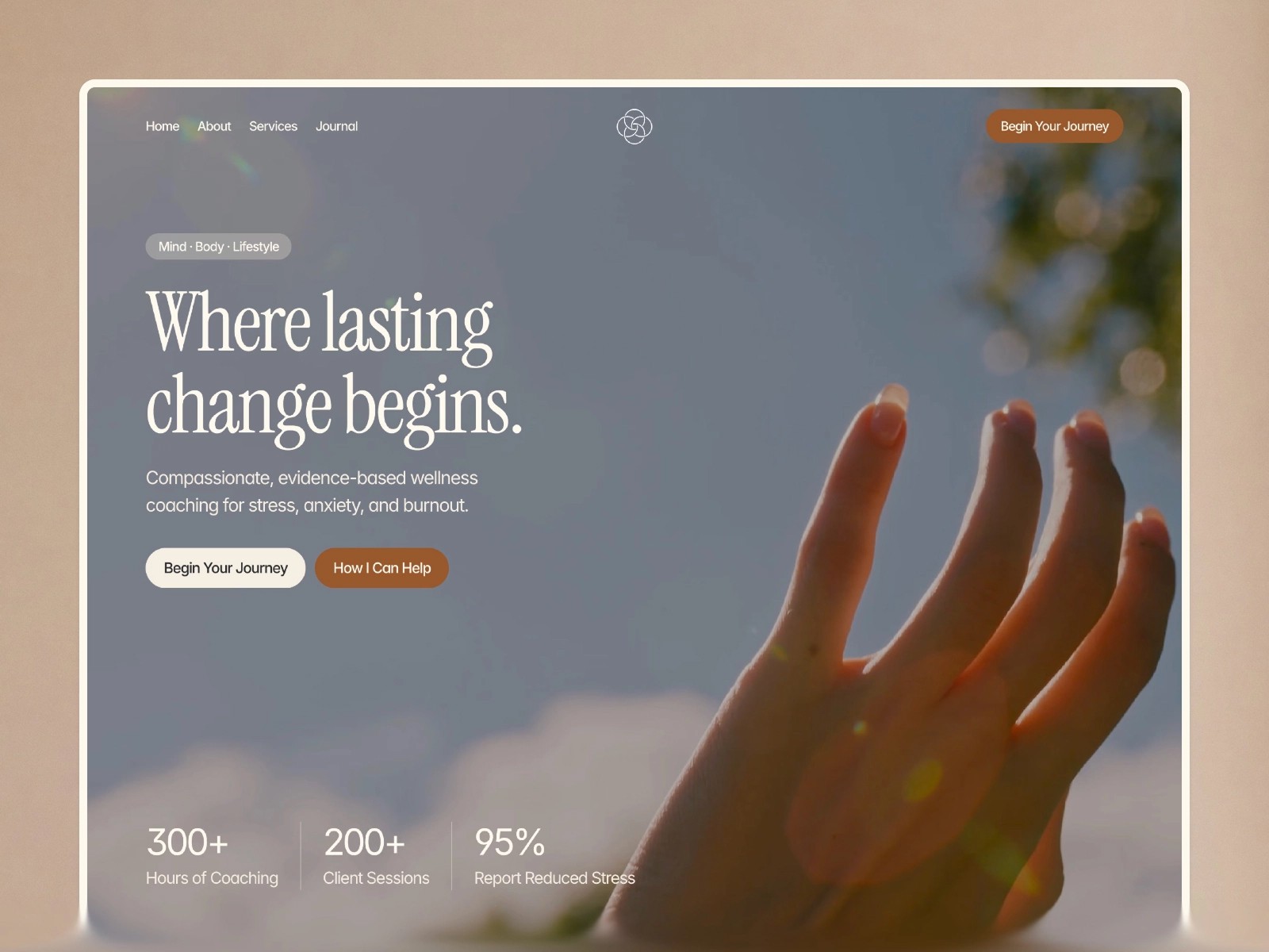 Wellness website homepage with hand reaching towards the sky.
