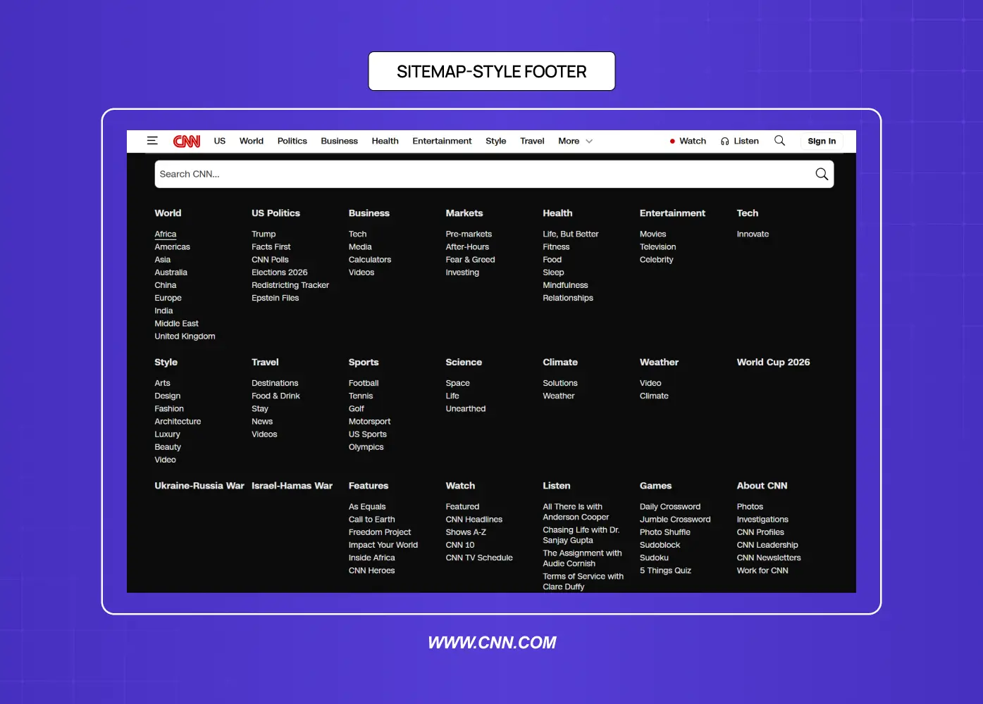 News website footer displaying a comprehensive list of categories and content sections.