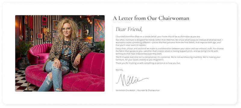 Letter from Chairwoman section from bottom of VB homepage