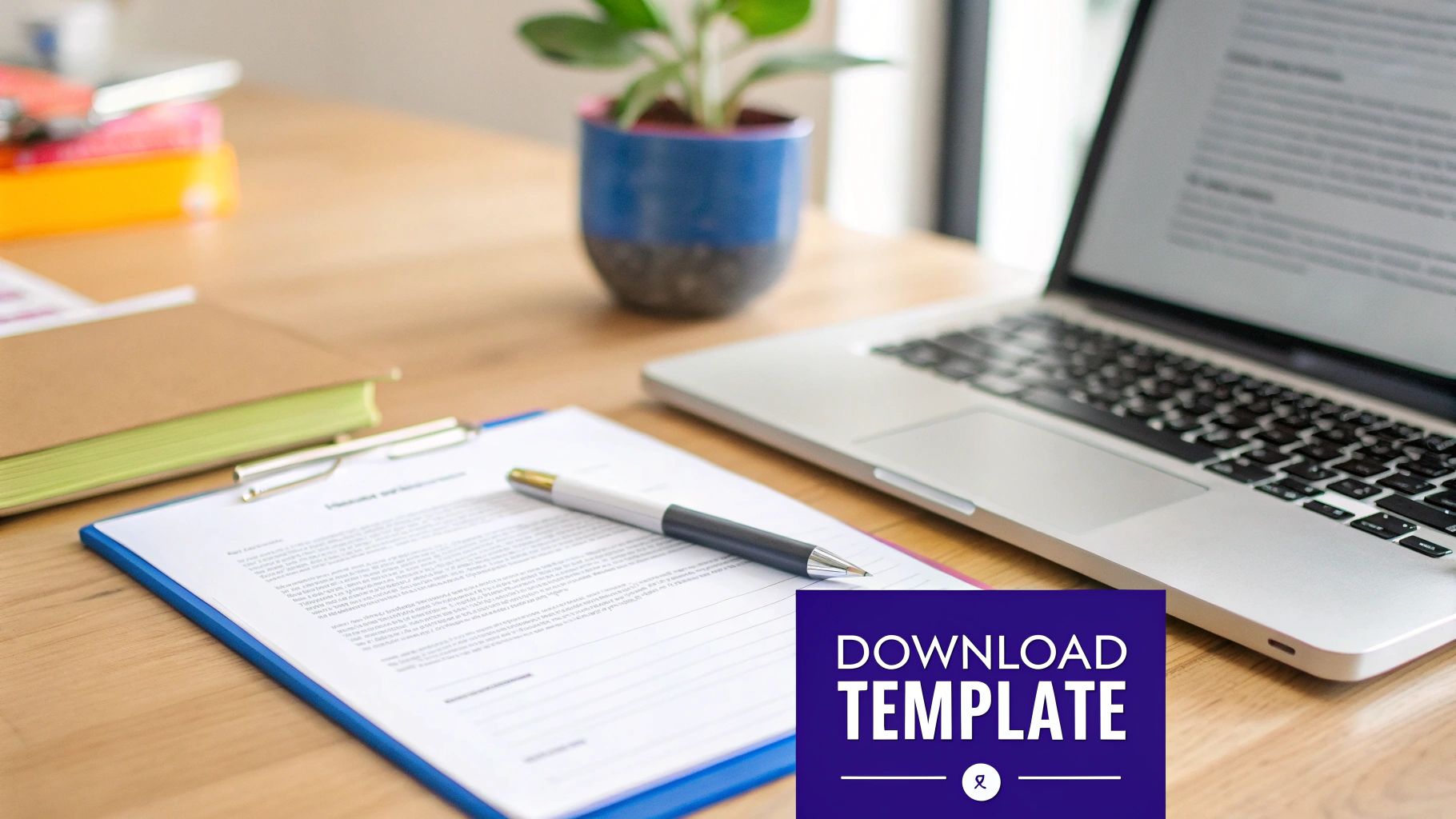 A clean desk with a form on a clipboard, a pen, a laptop, and a plant.