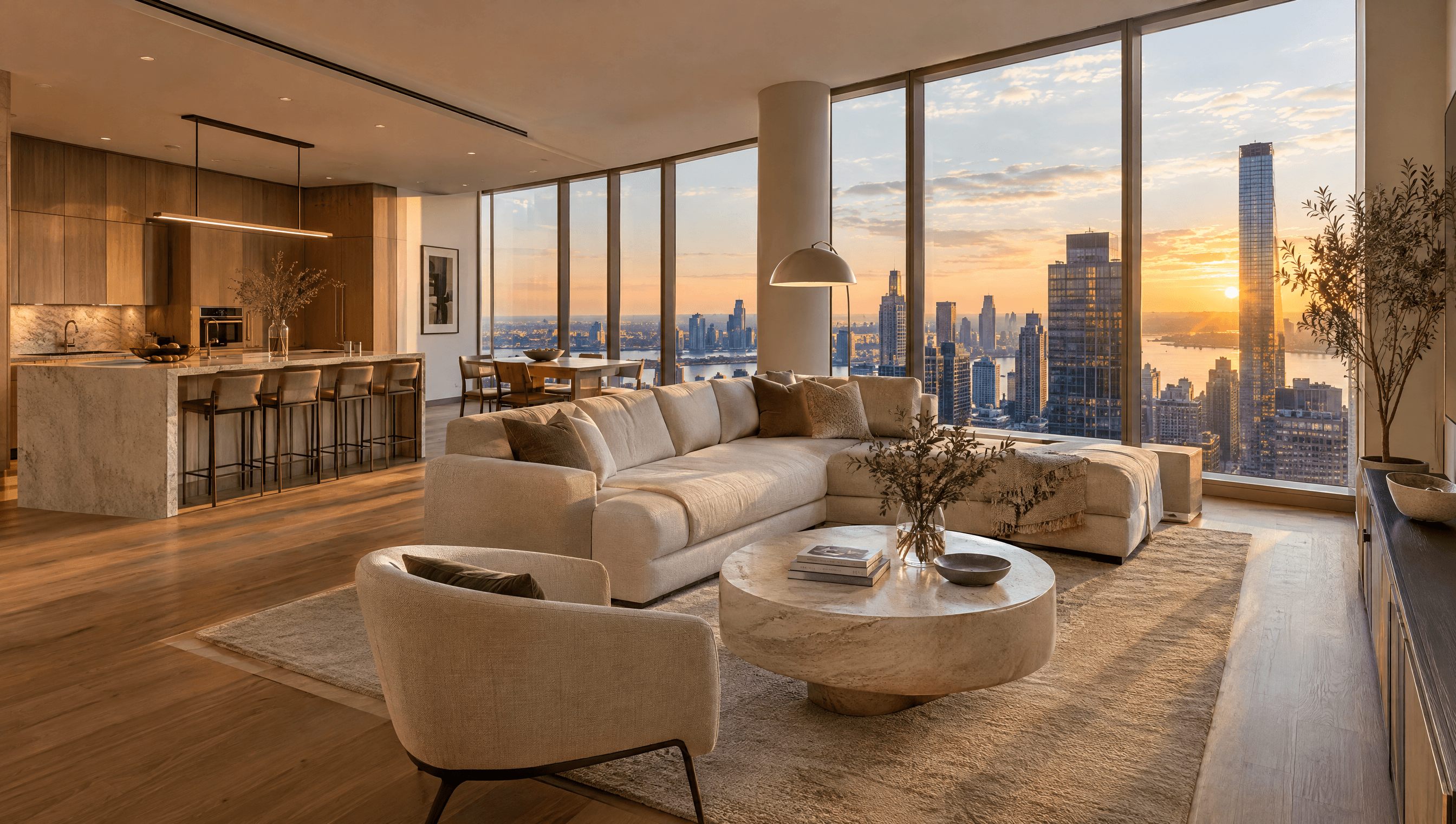 Hyper-realistic interior visualization of a high-floor condominium living room at golden hour
