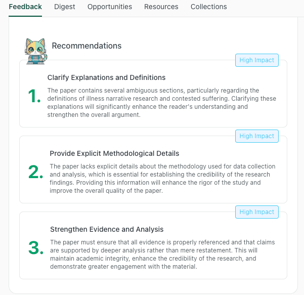 thesify recommendations suggesting clarifying concepts, adding methodology, and strengthening evidence