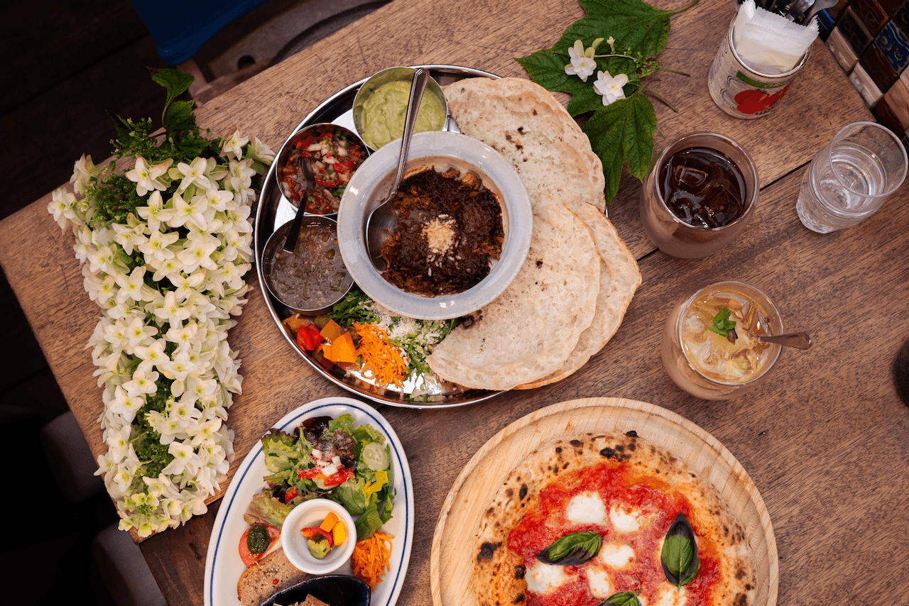 Top view of spread of food at Chaya Amamaki