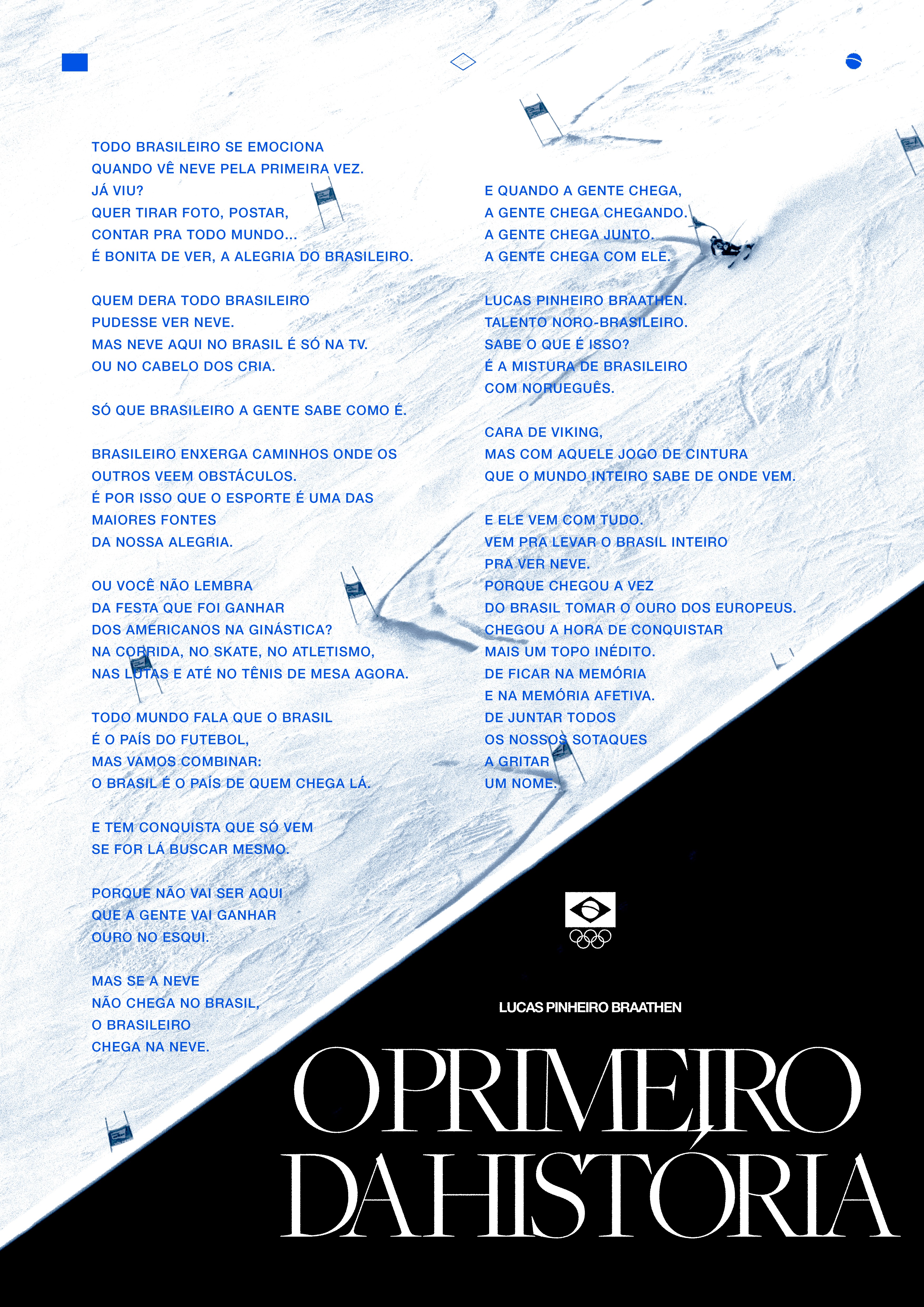 Long-copy advertisement promoting Lucas Pinheiro Braathen featuring a ski slope course against a mountain landscape.