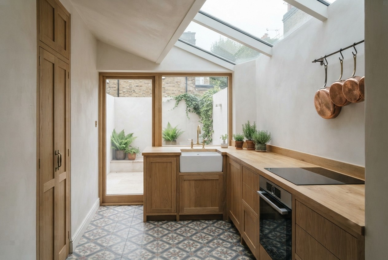 The finished side-return kitchen with a glazed roof, oak worktops and patterned floor tiles