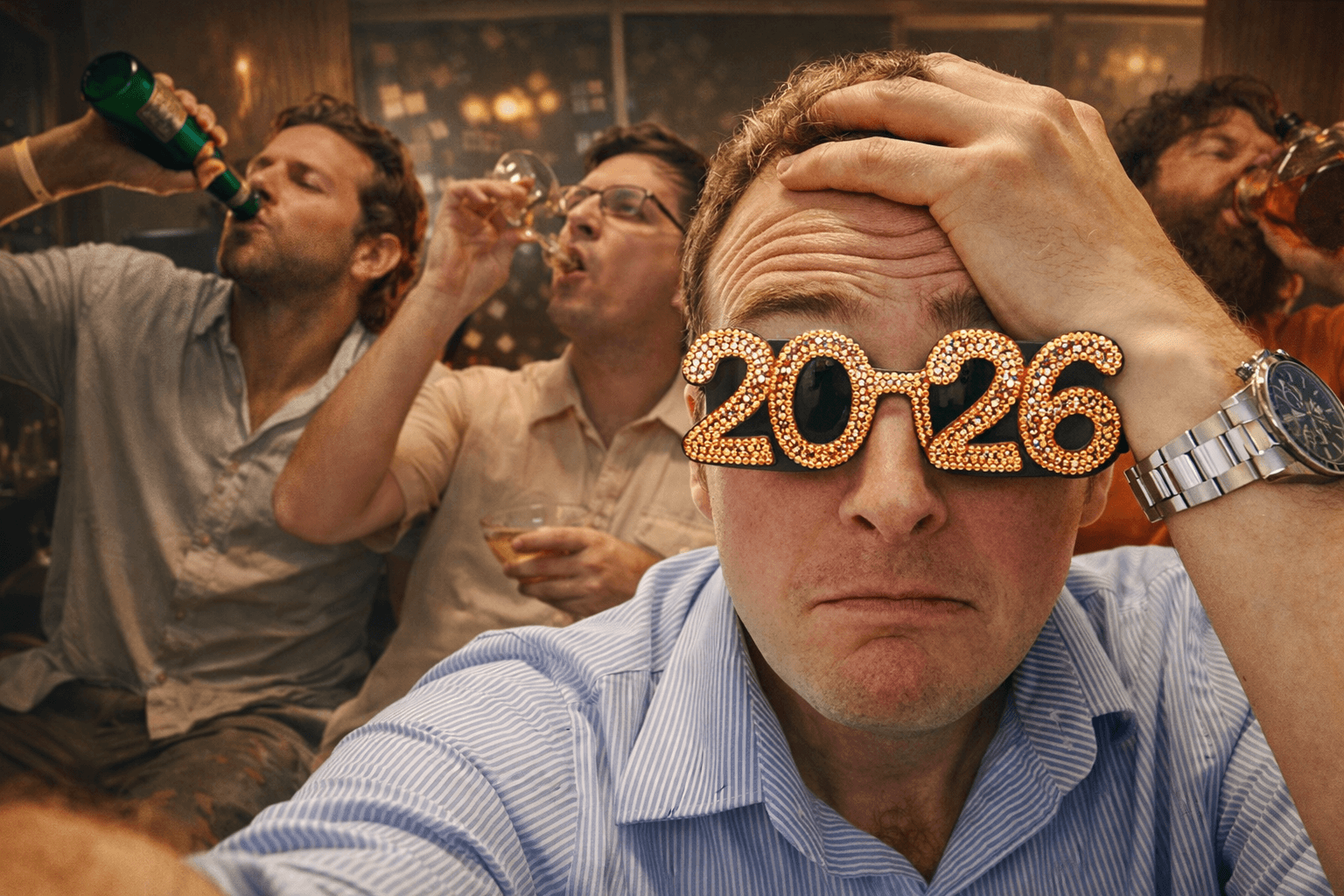 Cinematic landscape selfie of Duncan Rooney wearing gold ‘2026’ party glasses, looking stressed, with blurred partygoers celebrating and drinking in the background, symbolising a post-2025 business hangover.
