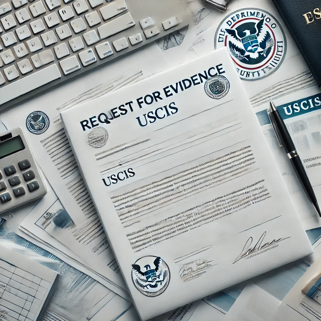 An official envelope from USCIS labeled 'Request for Evidence' on a desk surrounded by paperwork, a pen, and a computer keyboard, symbolizing the document preparation process for responding to an RFE.