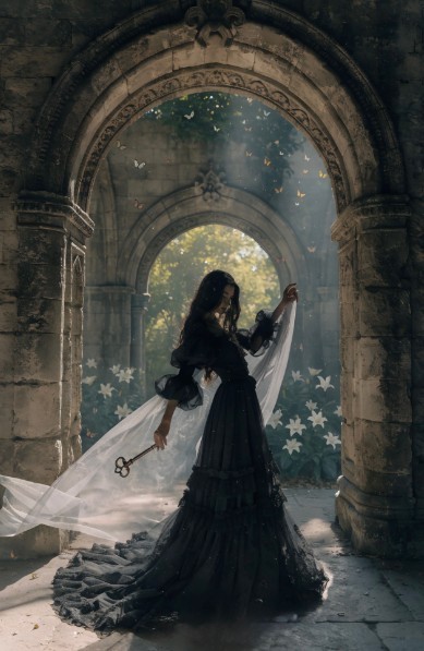 the image features a thin woman with a black dress posing in front of a illuminate threshold, she's holding a veil in her left hand and a key in her right hand