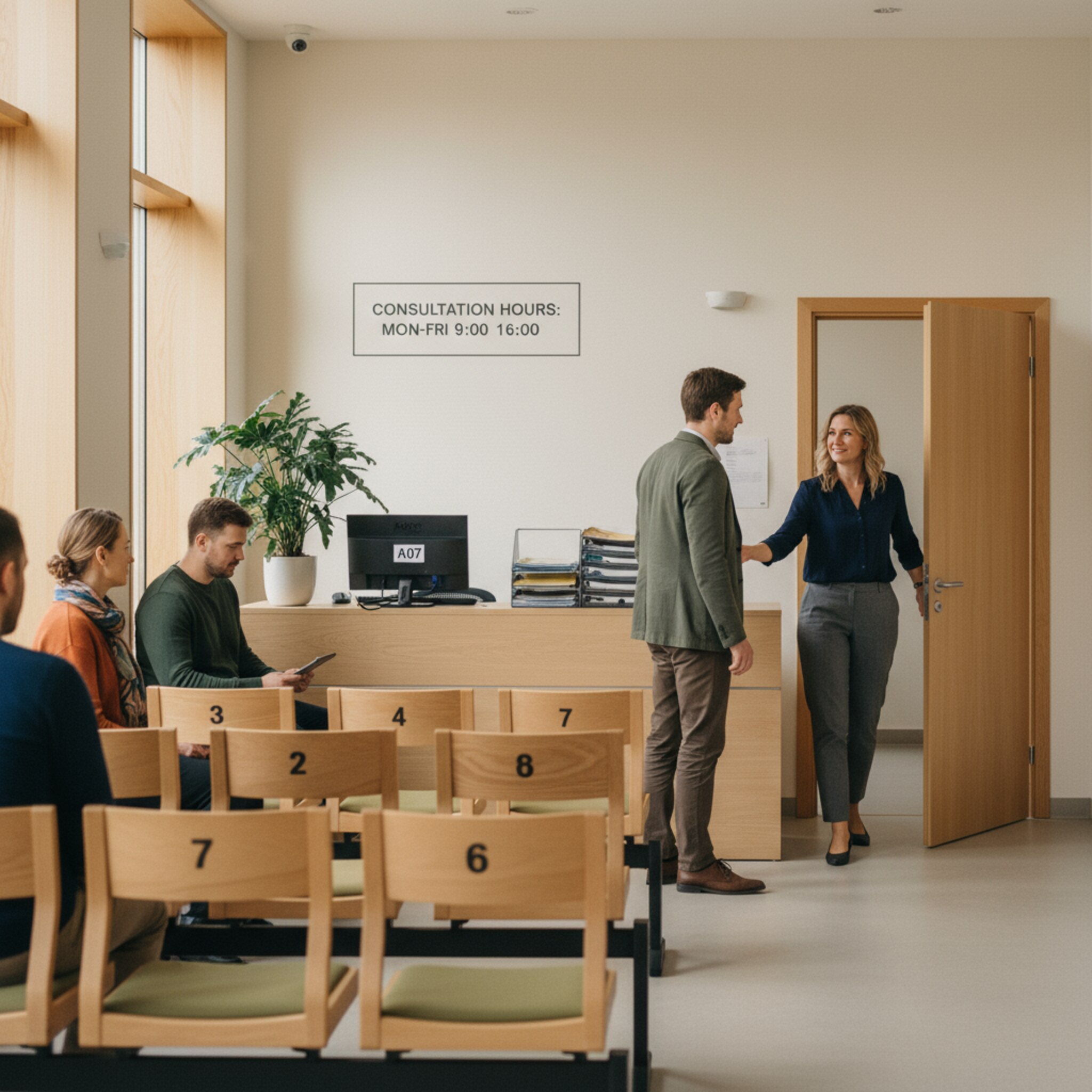 Ein ruhiger Wartebereich mit nummerierten Stühlen und einem schlichten Schild für Sprechzeiten. Eine Mitarbeiterin öffnet die Tür zum Beratungsraum und bittet die nächste Person herein. Tageslicht sorgt für eine freundliche, übersichtliche Atmosphäre. Alles wirkt geordnet und planbar.