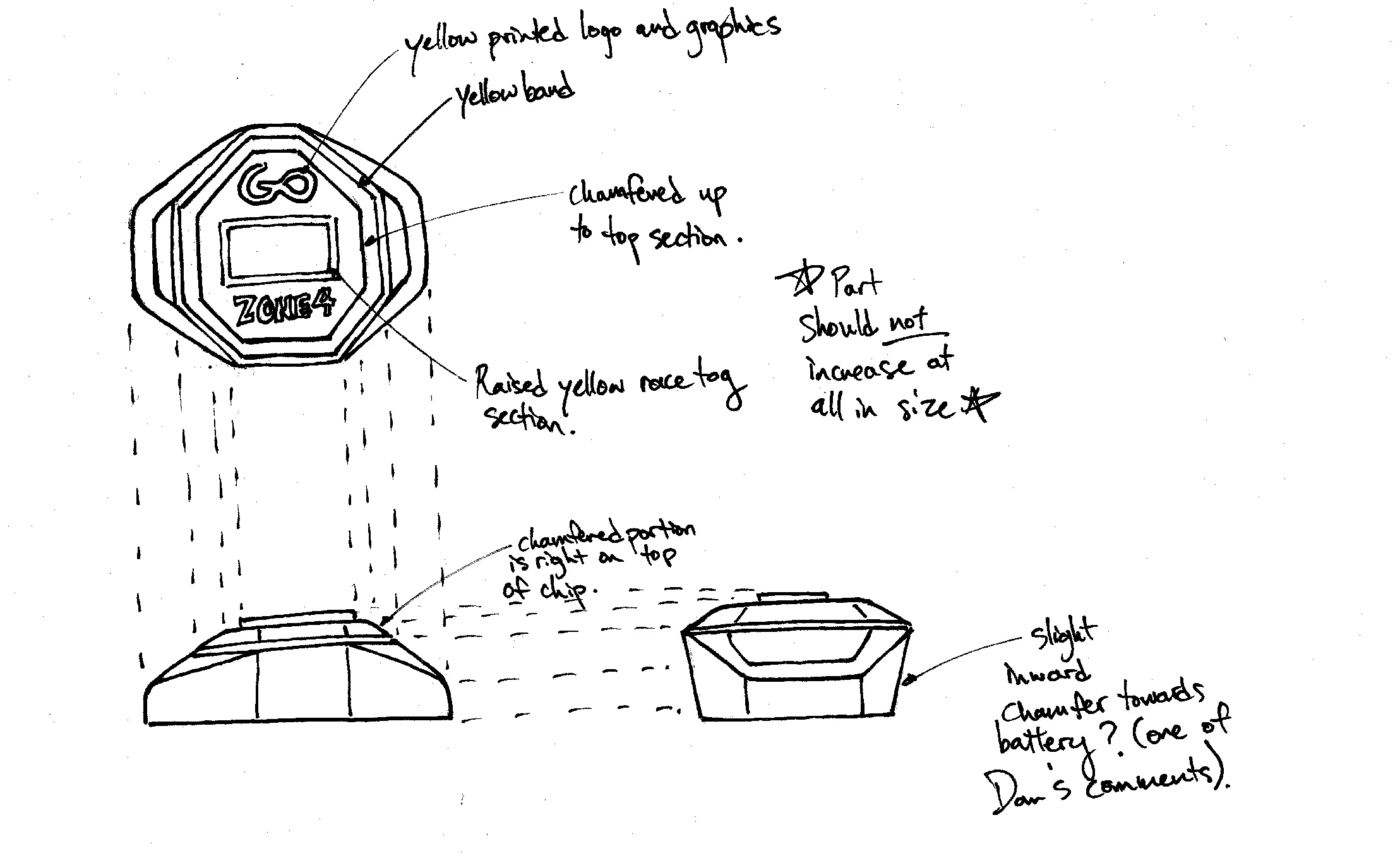 a concept sketch of a race timer with notes beside the sketch