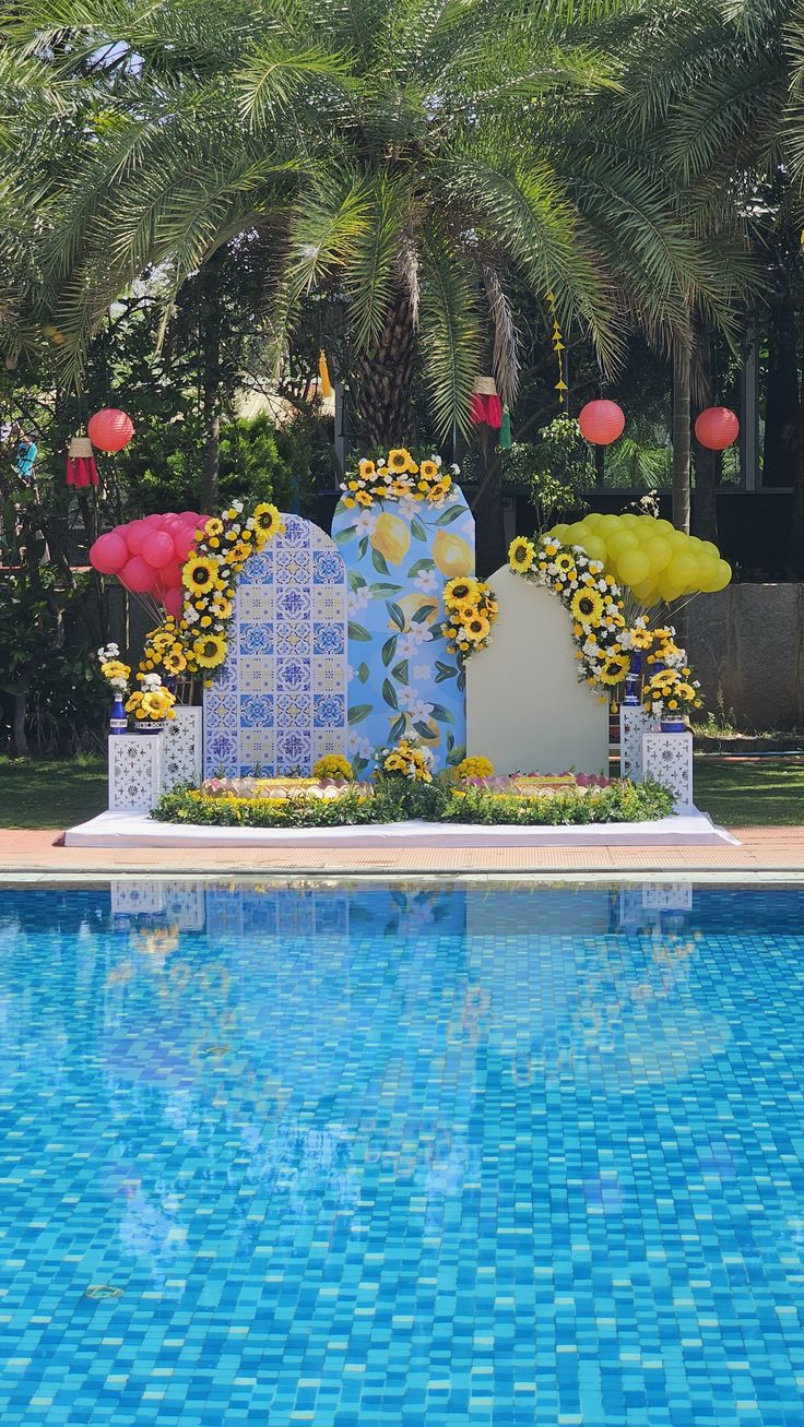 Poolside Haldi decoration with sunflowers, perfect swimming pool decor for farmhouses & resorts in Chhatarpur & Gurugram