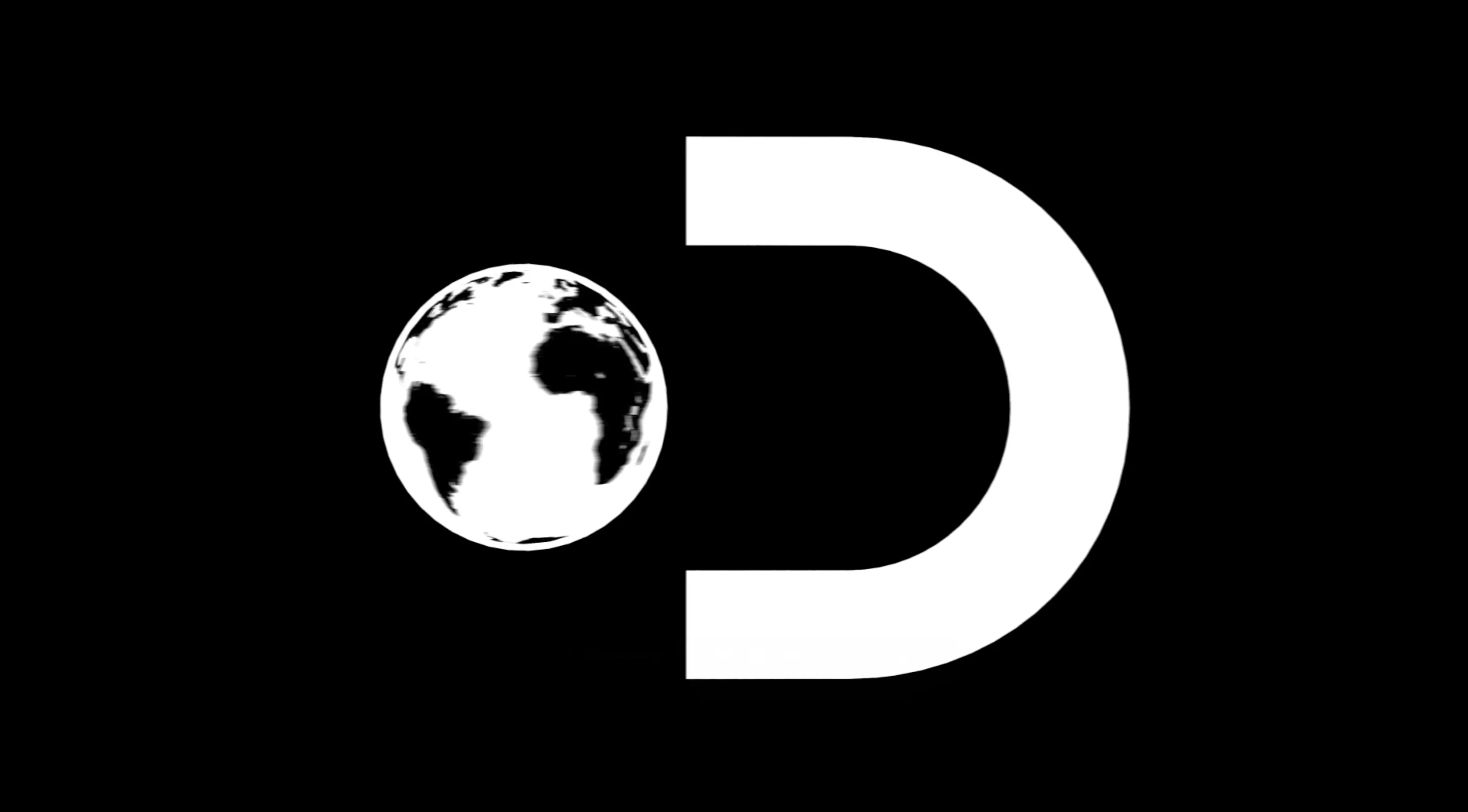 Minimal black and white Discovery mark. A solid white letter D with a simplified globe placed at the open side of the D.