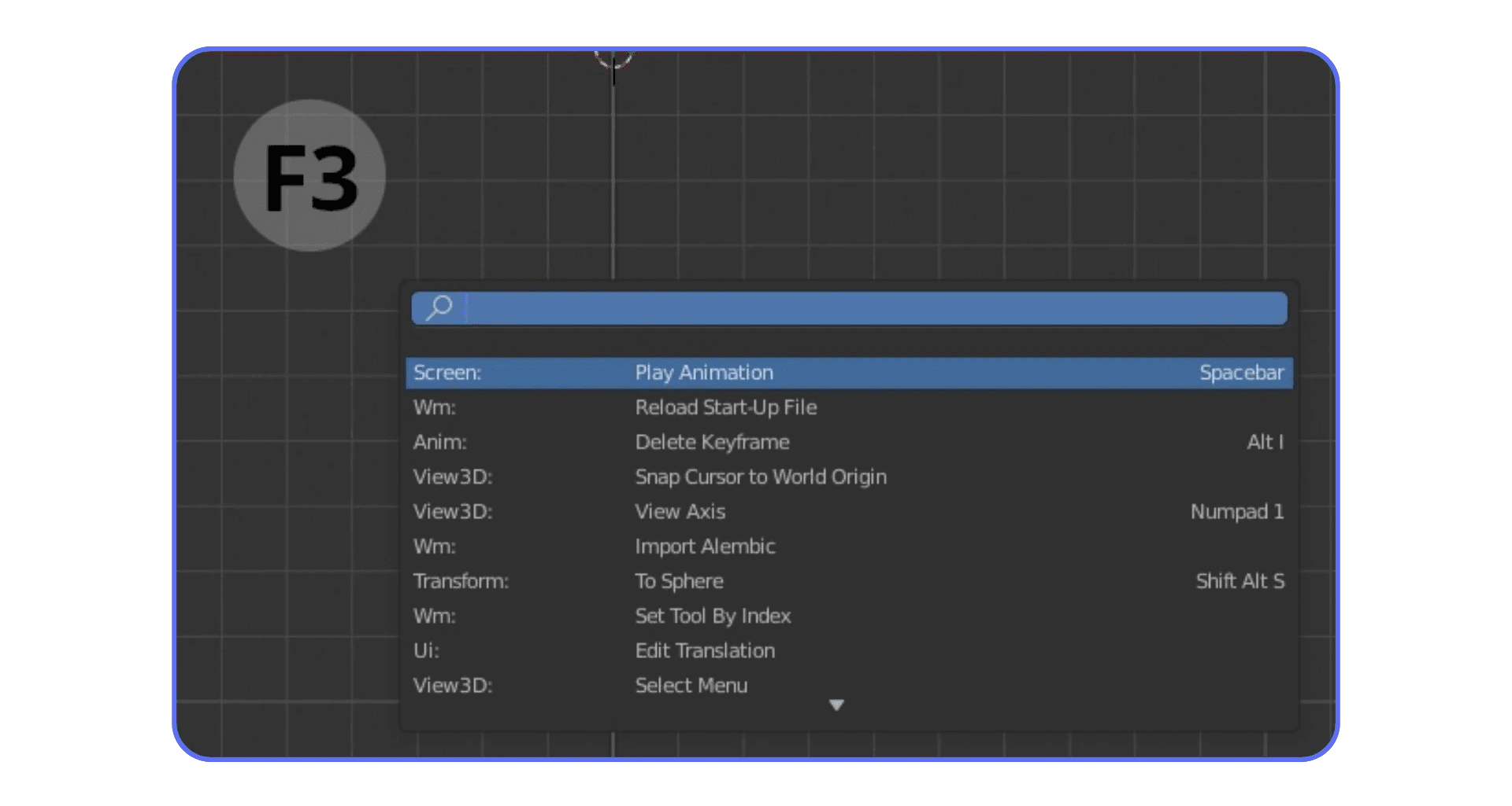 Blender search menu opened with the F3 shortcut showing available commands