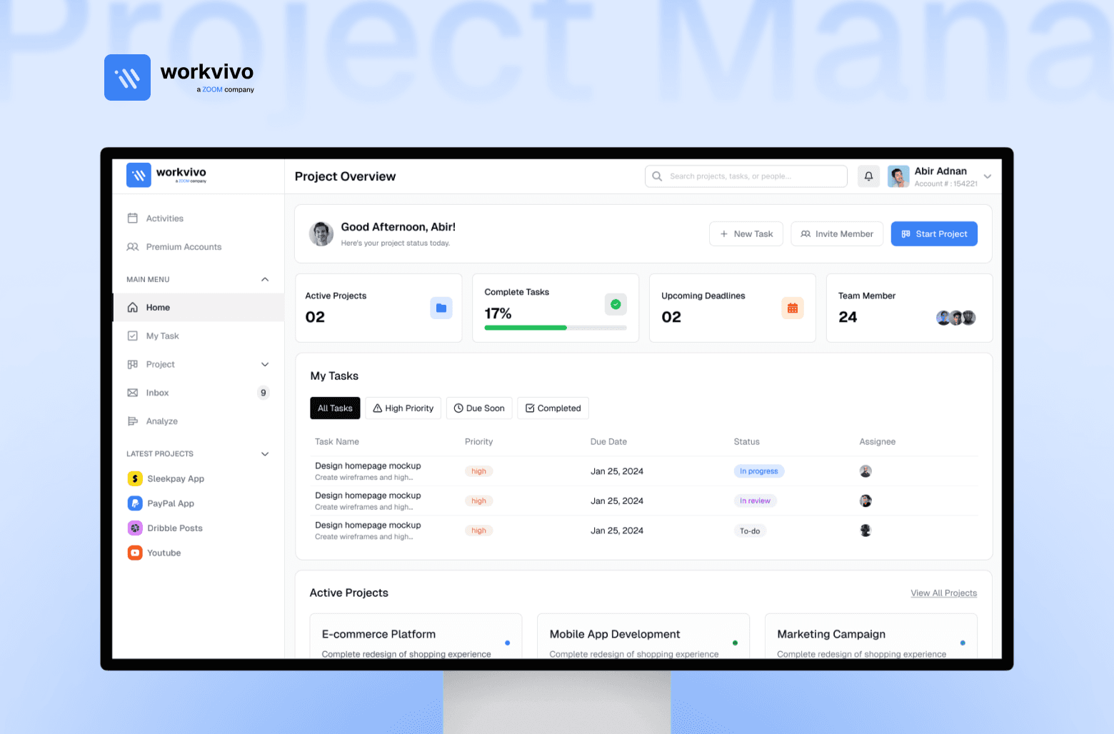 Project dashboard interface showing tasks, stats, and active projects overview.