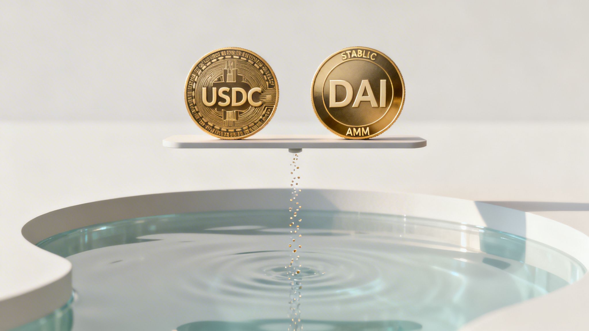 Two golden USDC and DAI stablecoins on a platform, with gold particles creating ripples in water.