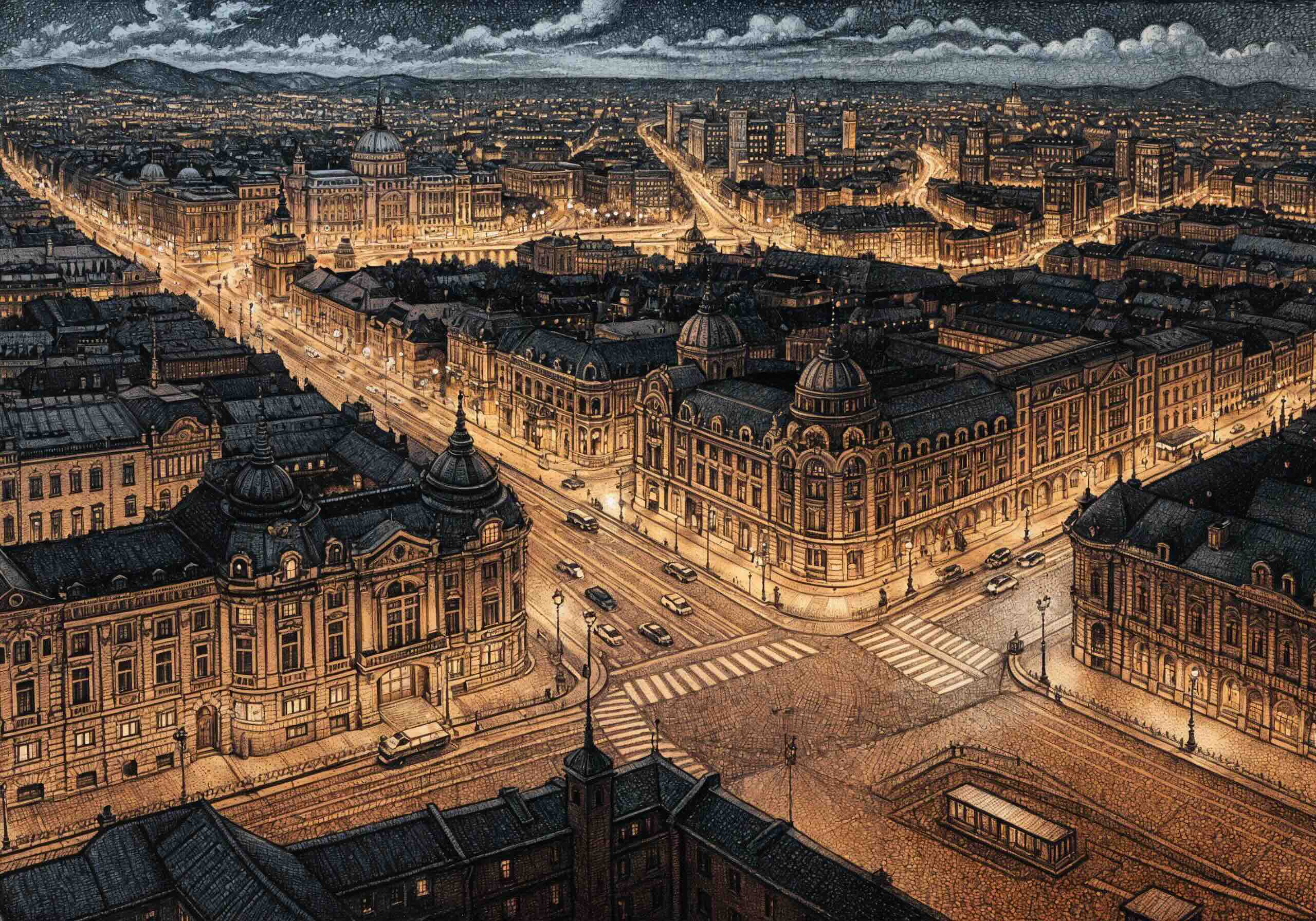 A stunning night-time illustration of Bucharest, Romania, featuring illuminated historic buildings, grand boulevards, and a lively cityscape with glowing streetlights.