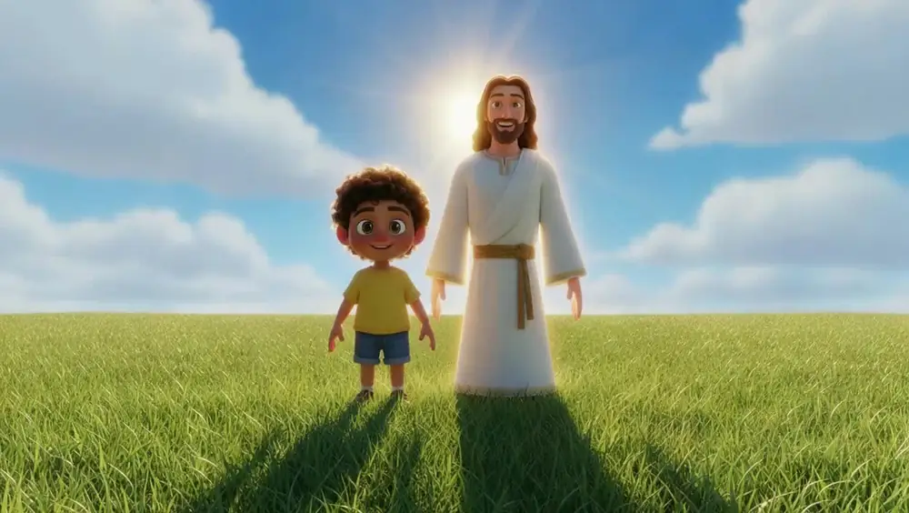 Scene 22: the boy and Jesus standing side by side in a sunlit meadow