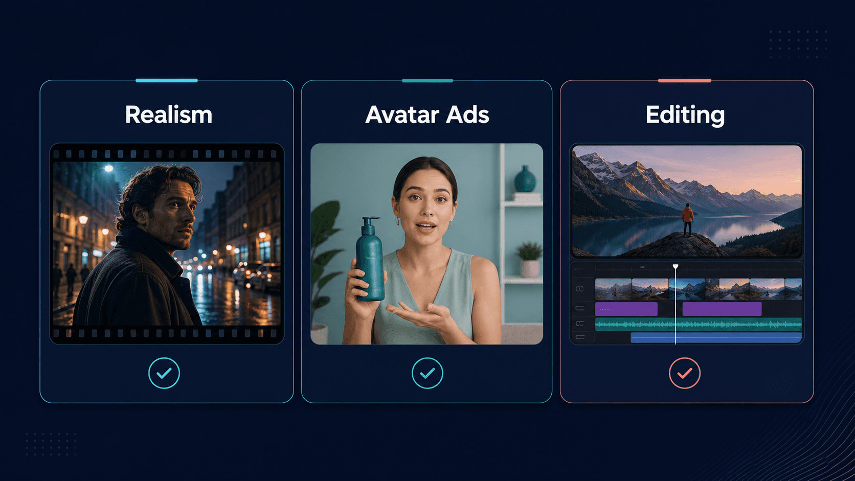 Verdict matrix comparing Higgsfield AI, Jogg AI, and InVideo AI across realism, avatar ads, and editing control