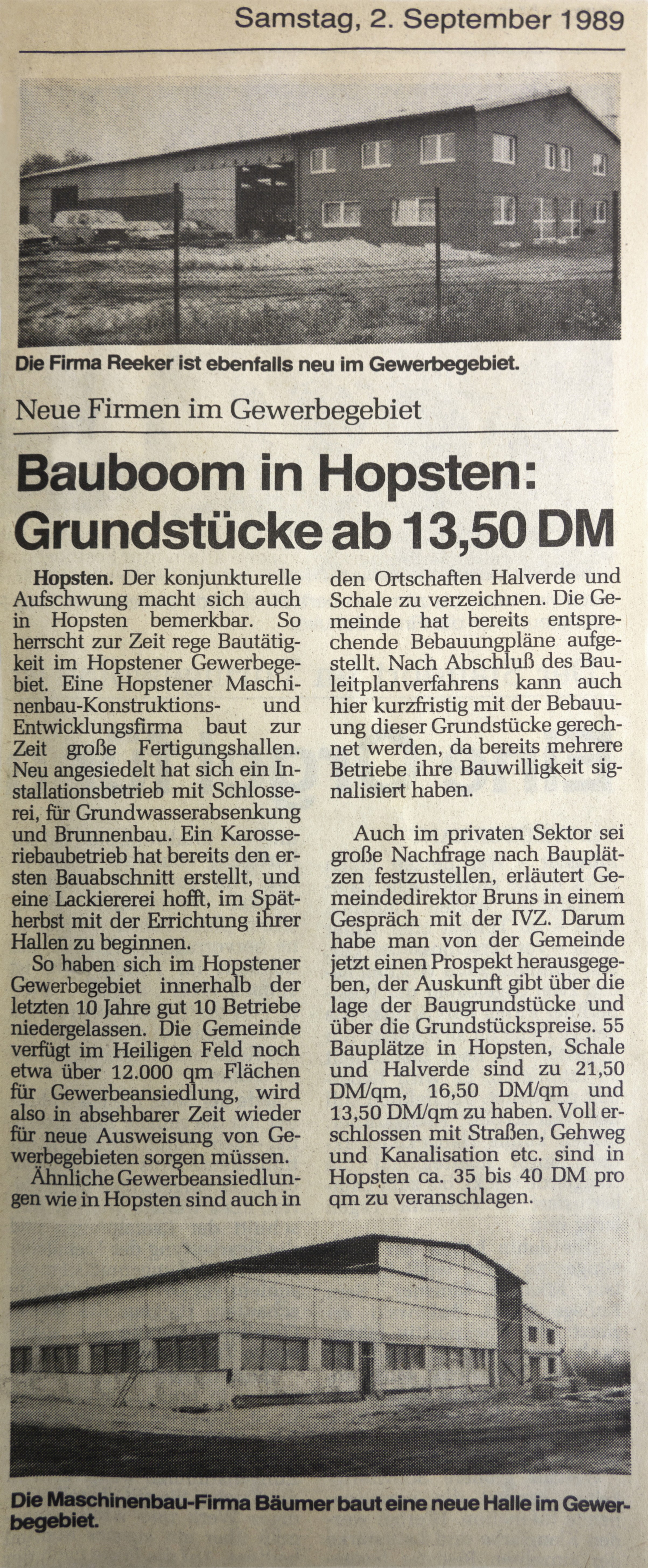Zeitungsartikel: Bauboom in Hopsten mit Grundstücken ab 13,50 DM. Neue Firmen im Gewerbegebiet im September 1989.