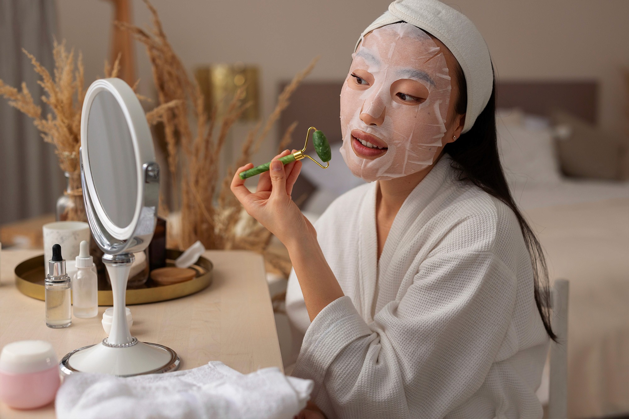 Woman wearing a sheet mask and using a jade roller at a vanity table, surrounded by skincare products