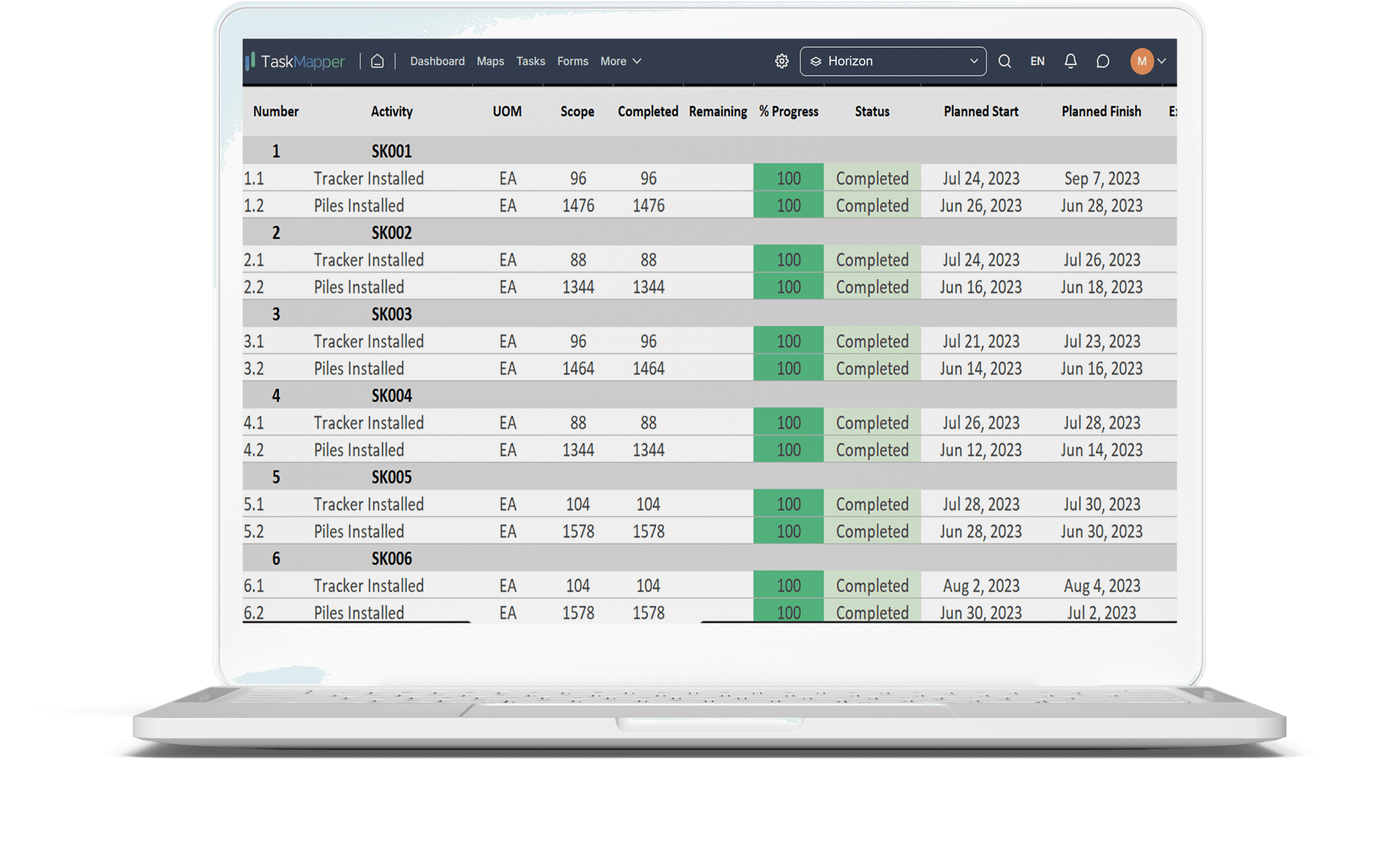 Sample Excel file on TaskMapper for daily progress reporting at solar construction sites