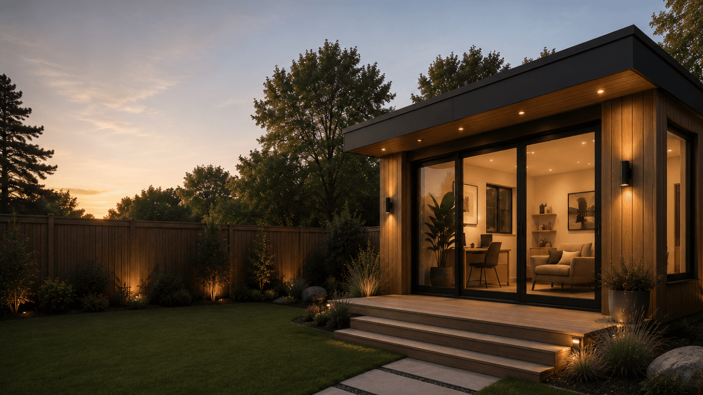 Modern backyard studio with warm exterior lighting, floor-to-ceiling glass, landscaped yard, and contemporary design by UR-SPACE in Calgary.