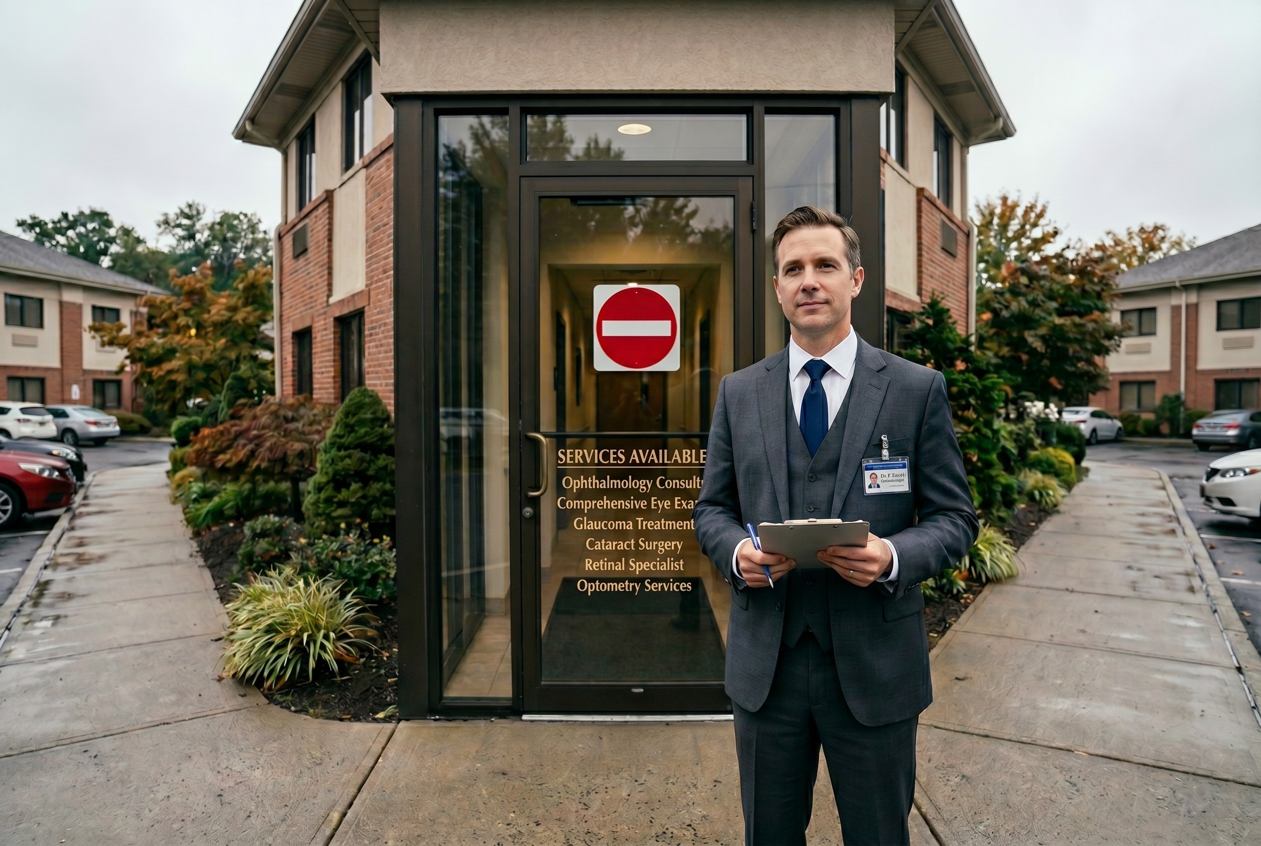 Male ophthalmologist in business attire standing outside medical office building with no entry sign reflected in glass door