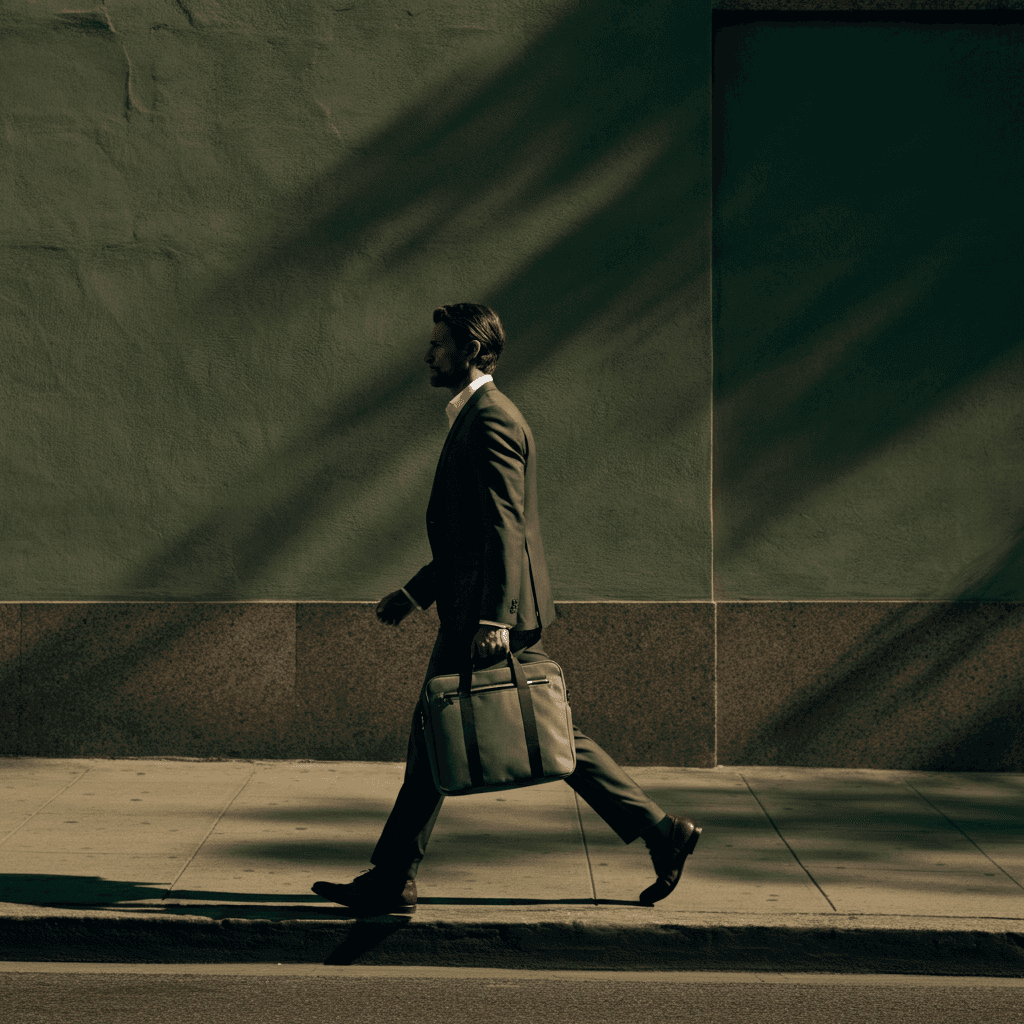 Monochrome fashion editorial of a model in an oversized white trench coat walking in profile on a high-key background.