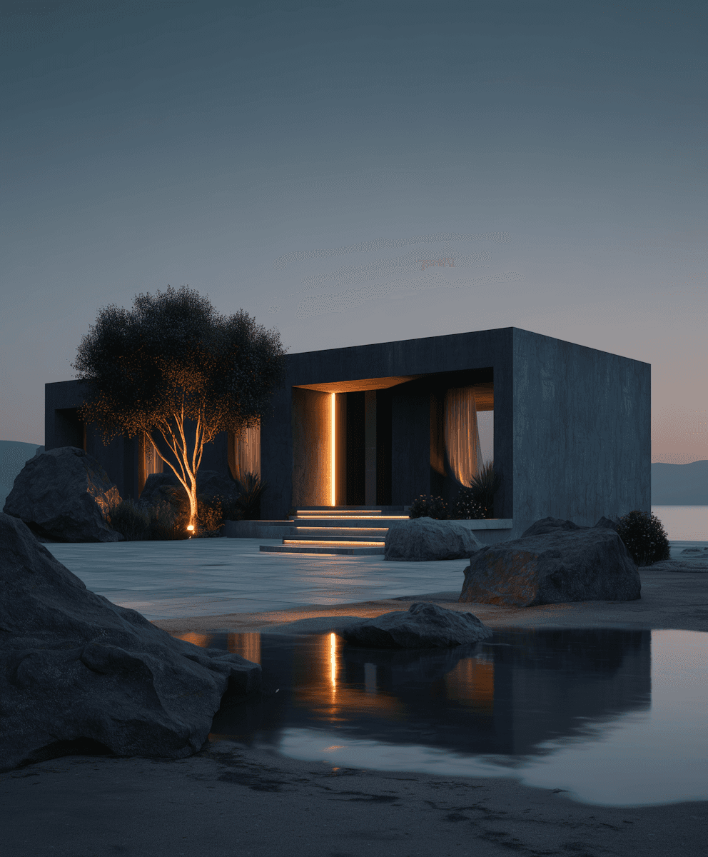 Modern concrete house at dusk with warm interior lighting. A tree and rocks adorn the reflective water, creating a serene, minimalist scene.