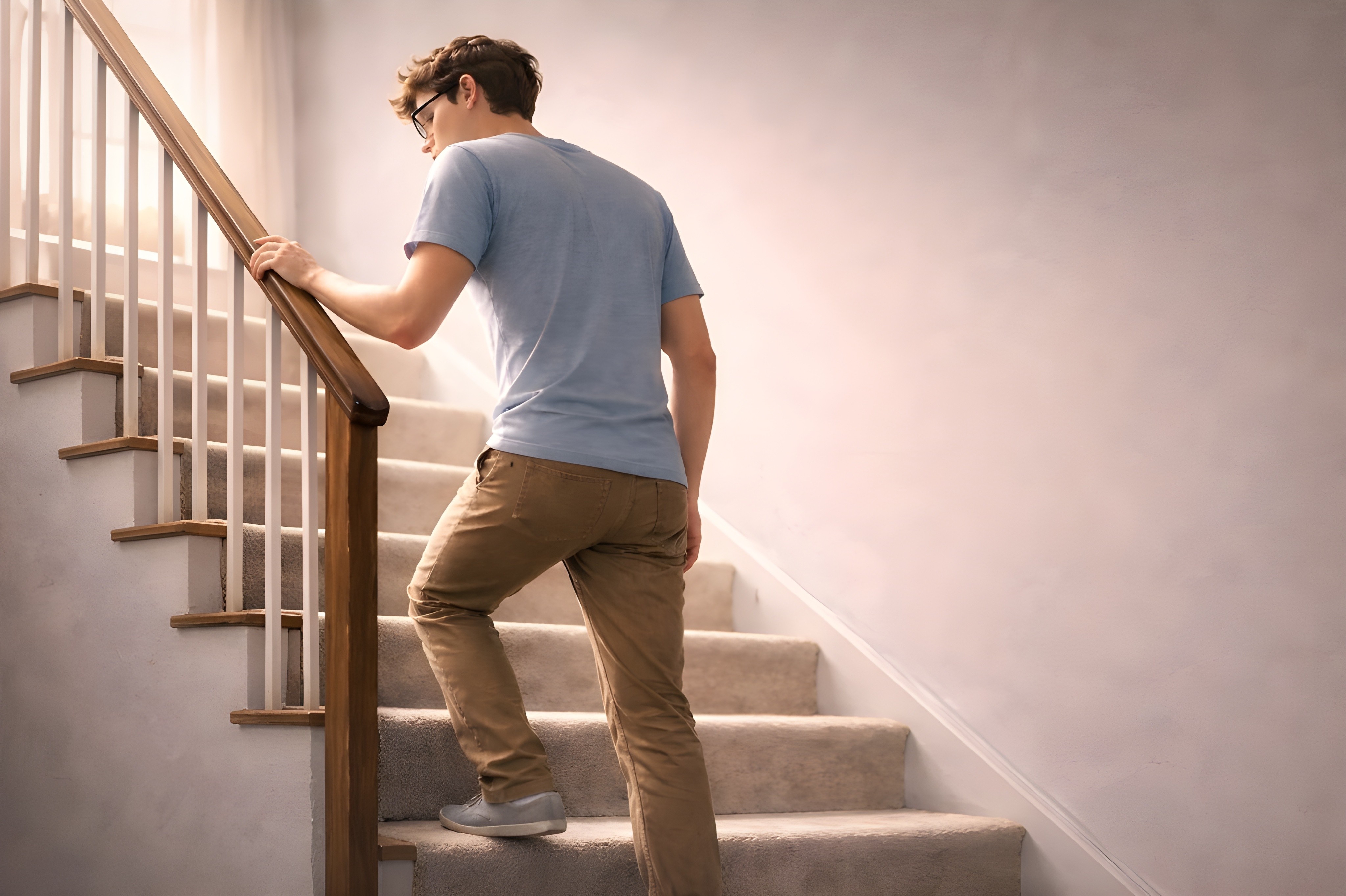 Young adult man climbing stairs with visible effort, representing reduced muscle strength, early sarcopenia symptoms, functional weakness, metabolic slowdown, and cardiovascular strain, highlighting the importance of muscle mass, strength training, and preventive health strategies to protect heart, brain, and longevity.