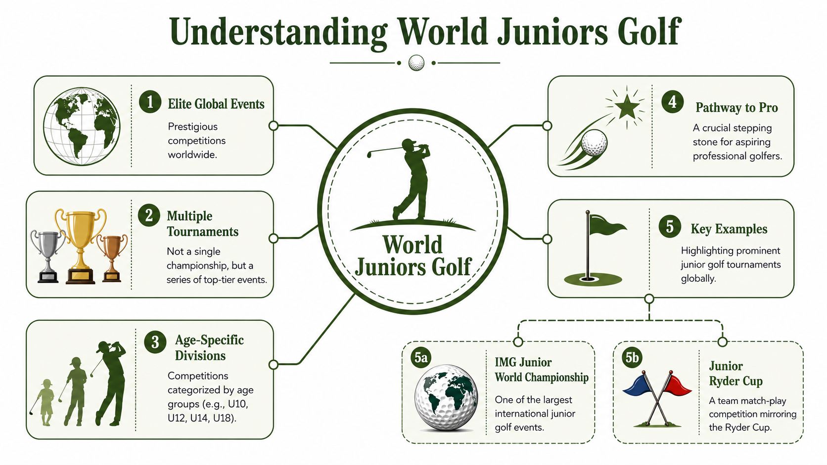 An infographic titled Understanding World Juniors Golf detailing tournament structures, age divisions, and major global junior competitions.