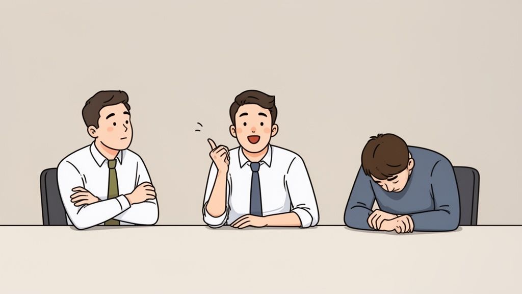 Three cartoon men show different reactions: skeptical, enthusiastic, and dejected, at a meeting table.