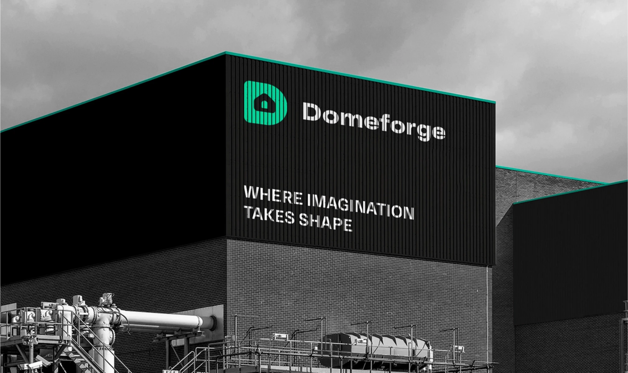 Domeforge brand signage applied to an industrial building facade with logo and slogan.