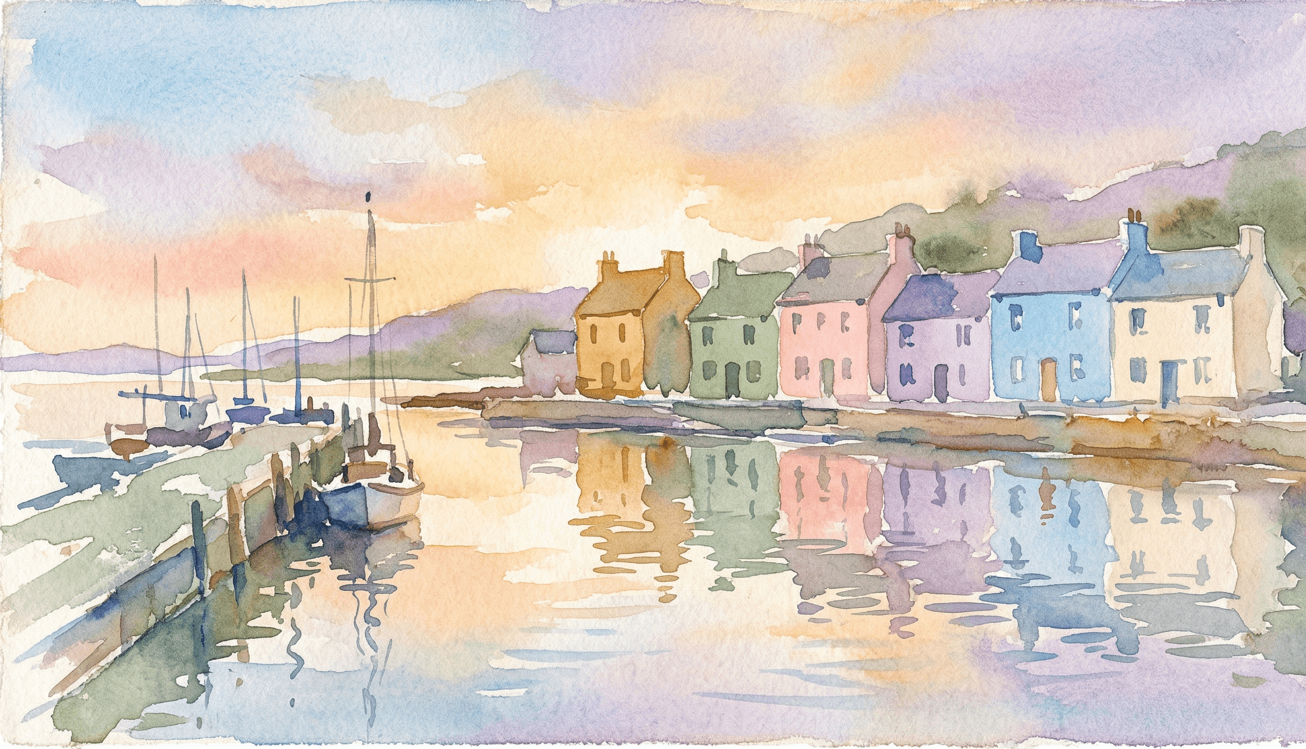 Watercolor waterfront village with six colorful buildings reflected in harbor water