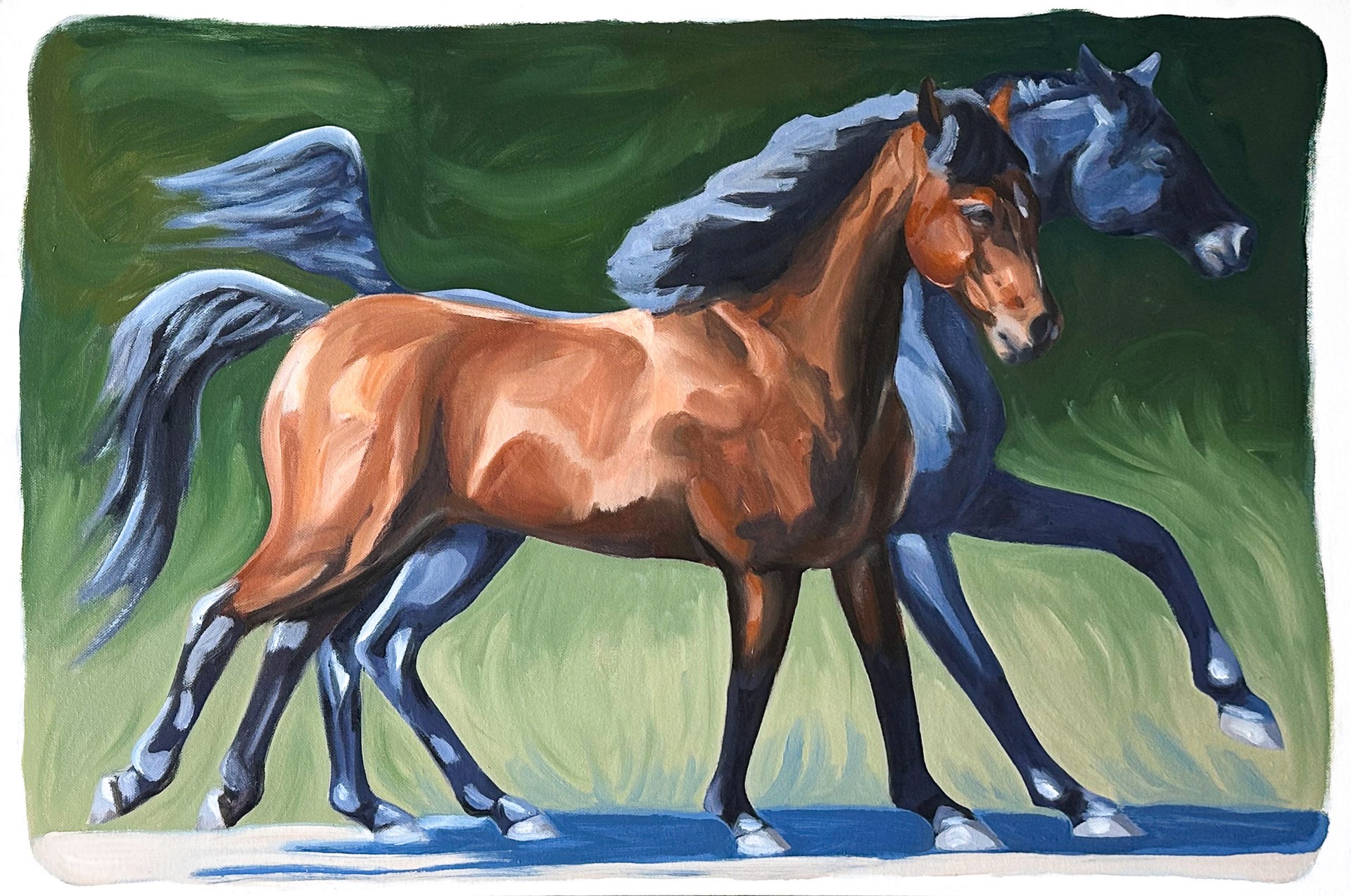 Two horses seen from the shoulders up, one blue and one brown, playfighting