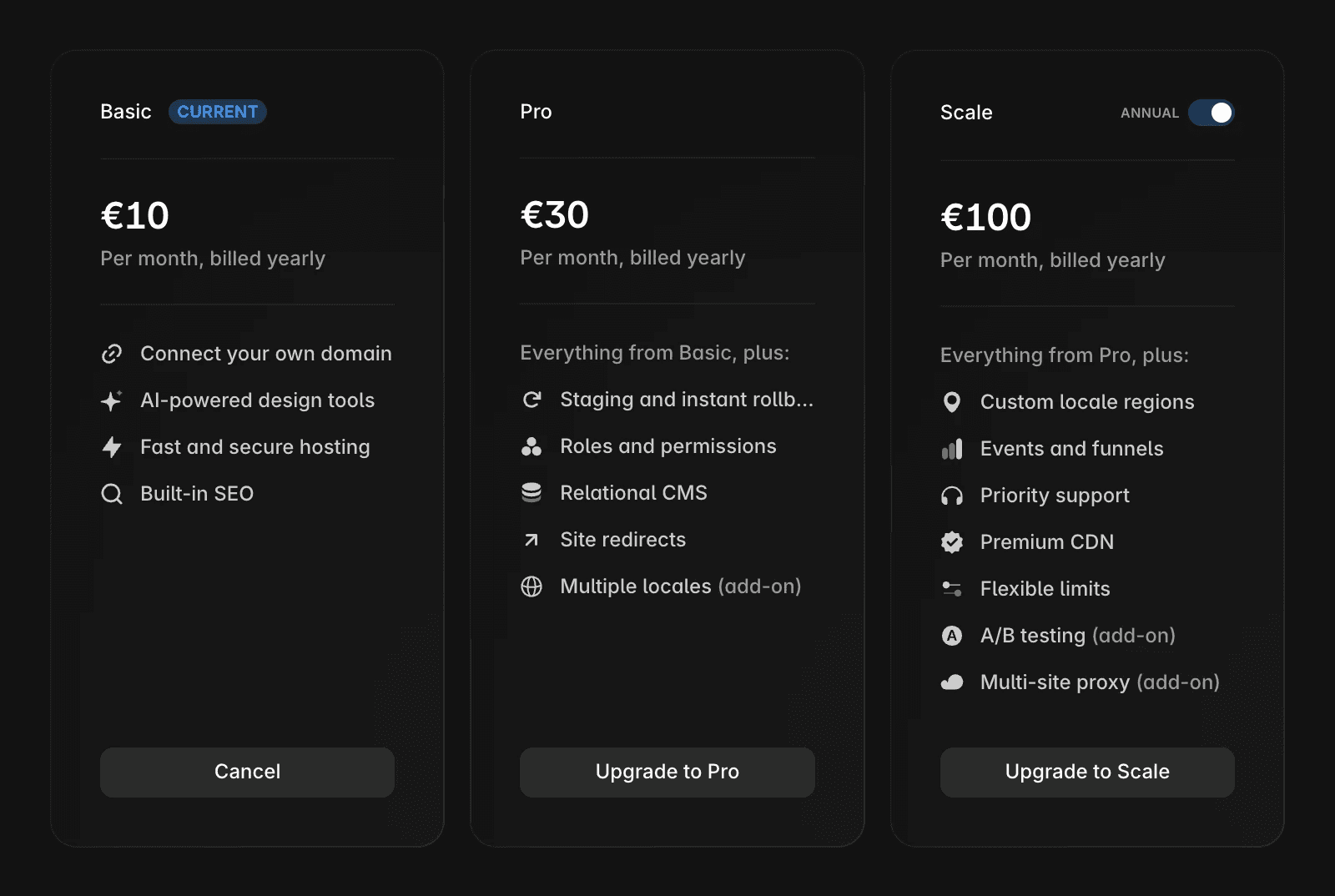 Screenshot of Framer site settings showing the Plans tab