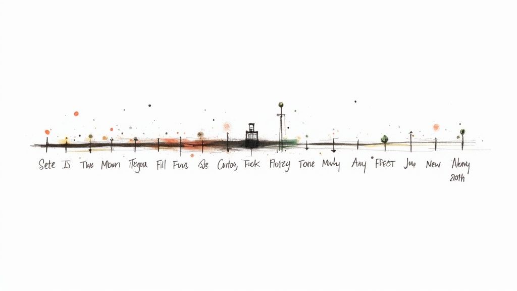 Artistic timeline drawing with handwritten words and colorful splatters on a white background.