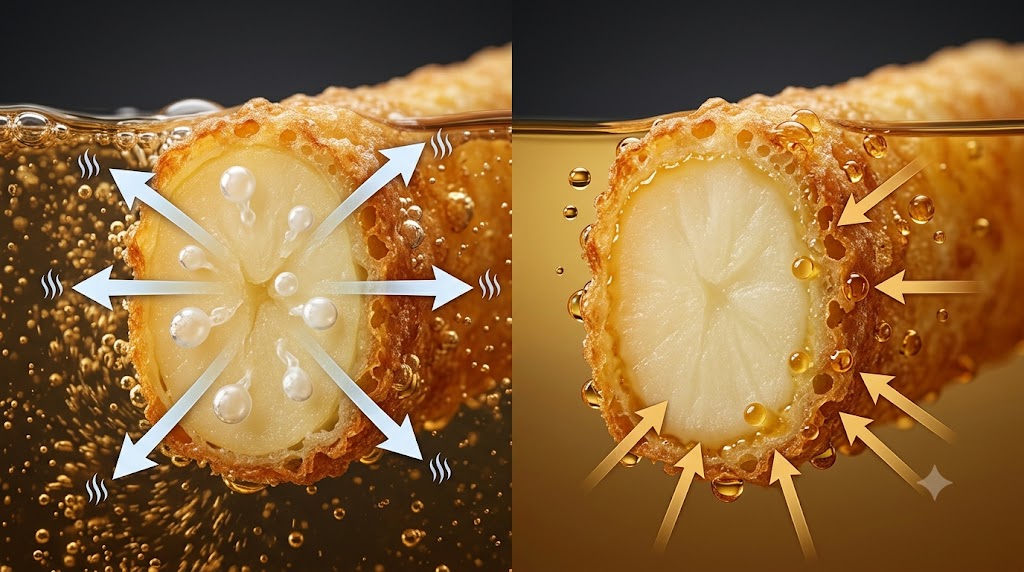 A scientific food infographic illustrating the process of French fry oil absorption, with a dual-pane macro view showing steam arrows and oil droplets on a crispy fry against a dark background.