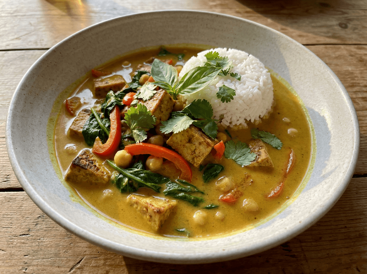 Coconut curry with tofu, vegetables, and rice in a bowl
