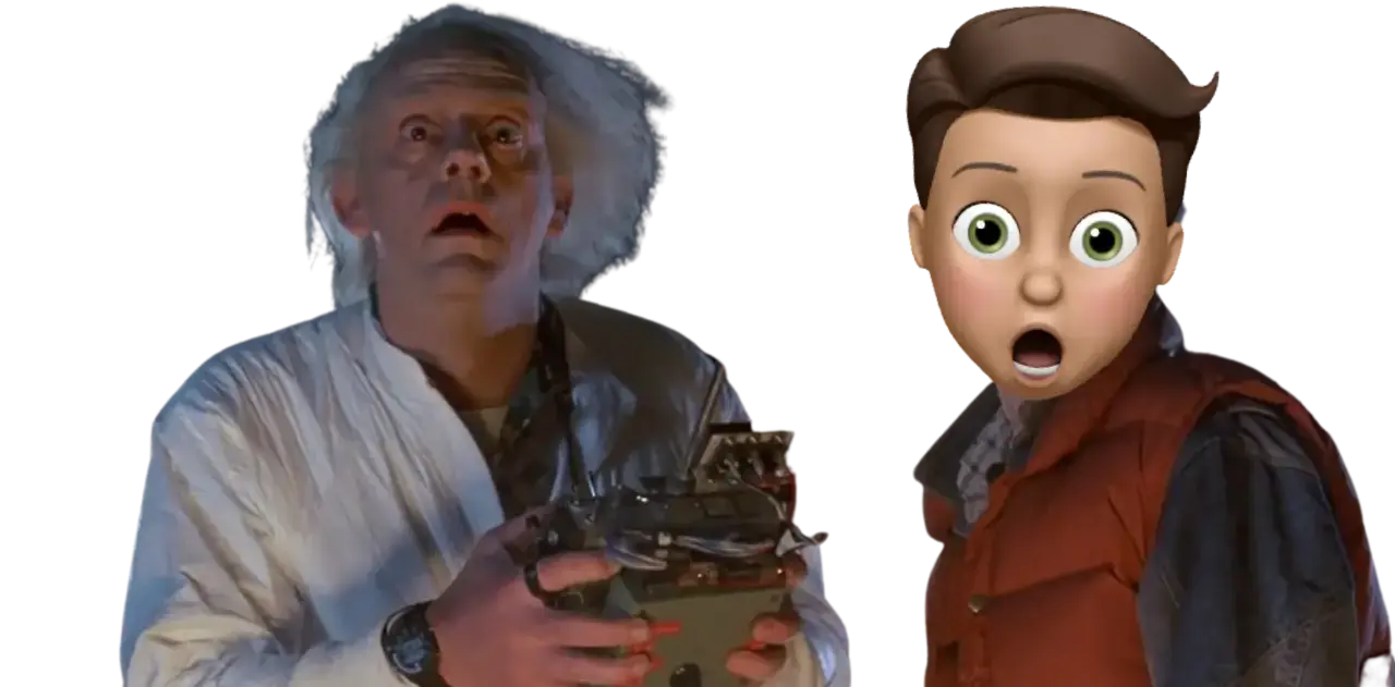 Two animated characters: an elderly man with white hair and a surprised young boy, both in a dramatic setting.