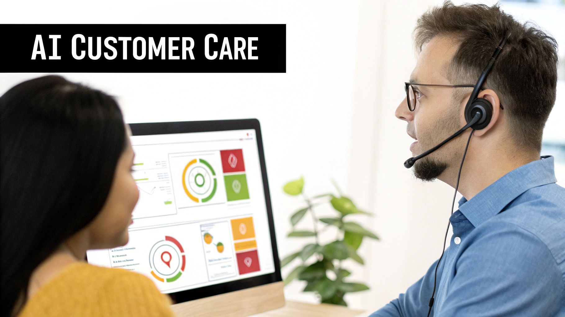 Two customer service agents collaborate, analyzing AI customer care data and charts on a computer screen.