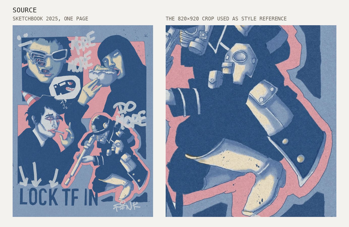 A page of the sketchbook beside the cropped region used as style reference