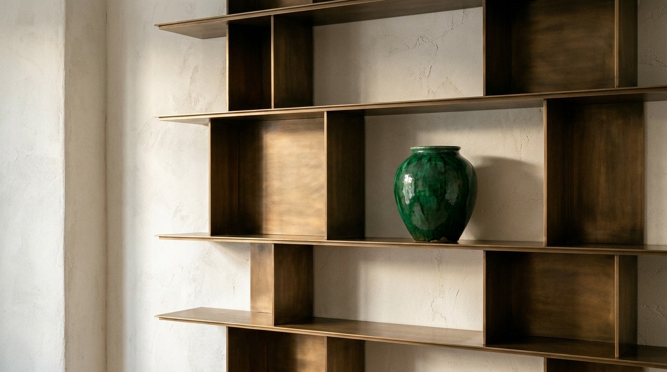 A close-up of a custom brushed bronze bookshelf set against an off-white plaster wall, displaying a single emerald green ceramic vase.