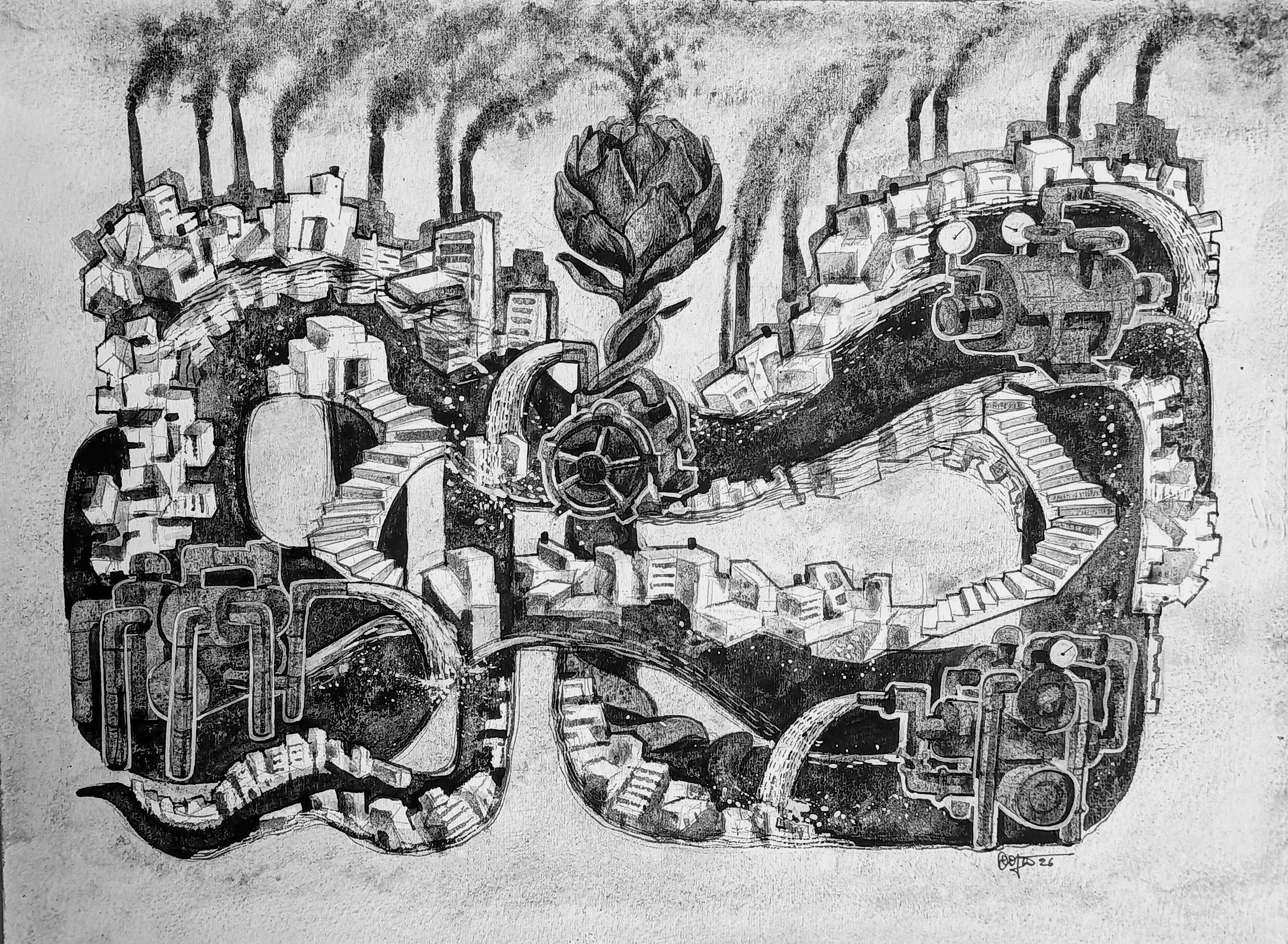 herd of sheep on road painting