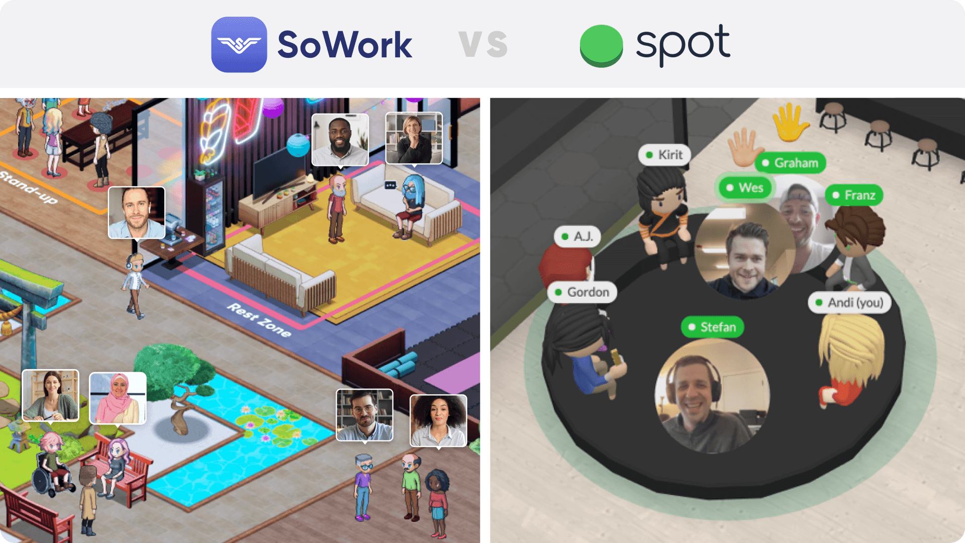 Side-by-side visual style comparison of SoWork’s immersive 2.5D virtual office versus Spot’s top-down 3D collaborative environment for remote teams.