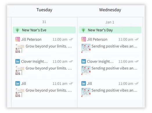 Social media content calendar showing scheduled posts for New Year's Eve and New Year's Day.