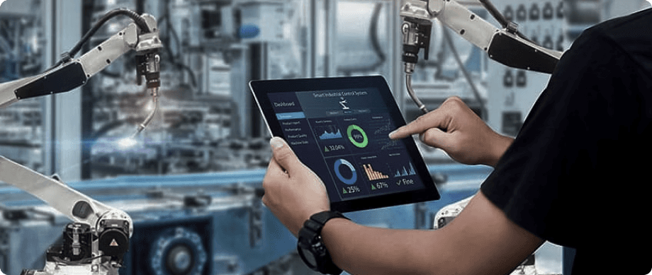 A futuristic robotic hand holding a smartphone with a UX interface icon glowing on the screen, overlooking a modern digital cityscape. The purple-blue palette represents Figzol’s brand colors, symbolizing innovation, user experience excellence, and next-gen app design in the Gulf region.